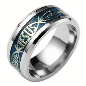 Jesus Ring Christian Fish Cross Blue & Silver Steel Size Available 8, 9, 10 & 11